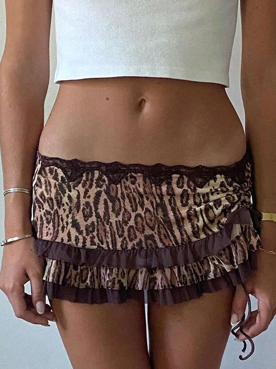 Women Mini Short Skirt Low Waisted Leopard Print Ruffle Lace Edge Fashion Short Skirt - Cà phê nâu - Xem 1