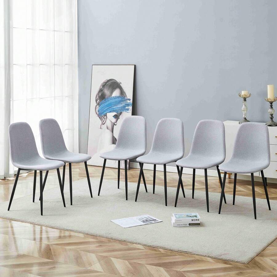 MUUOKY Modern Dining Chairs Set Of 6, Light Gray Linen-Cotton Upholstered Kitchen Chairs With High Back, Armless Fabric Side Chairs With Sturdy Black Metal Legs, For Living Room, Bedroom, Apartment, Home Office, Easy To Clean, Easy To Assembly, Home Decor, Thanksgiving, Halloween Decoration, Gifts - 淺灰色 - 查看 1