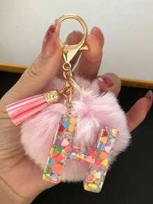 Alphabet Initial Letter Keychain Cute Plush Pom Key Chain Ring Bag Backpack Charm Car Hanging Pendant Women Girls Gift,Cute Sequins Resin Key Chain,Wallet And Handbag Accessories, Keychain With Tassels,Alphabet Initial Letter A-Y School - Multicolor - View 6