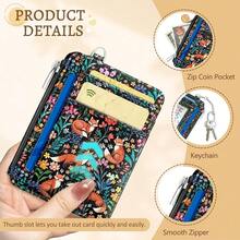 Cute Fox Flowers Credit Card Holder Small Wallet Women, Slim RFID Blocking Wallet Woman Keychain With Zipper Coin Pocket, Front Pocket Thin Travel Card Case Organizer ID Window Ladies Gifts{"Color_name":"Fox"} - 多色17 - 查看 7