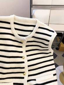 Plus Size Women's White & Black Striped Contrast Color Metal Button Knitted Vest - White - View 3