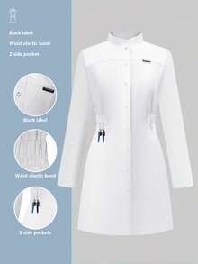 cimmuovere 女士长袖开襟圆领弹力腰身修身护士服工作服牙医保健宠物医院实验室工作服白色春季款 - 白色 - 查看 1