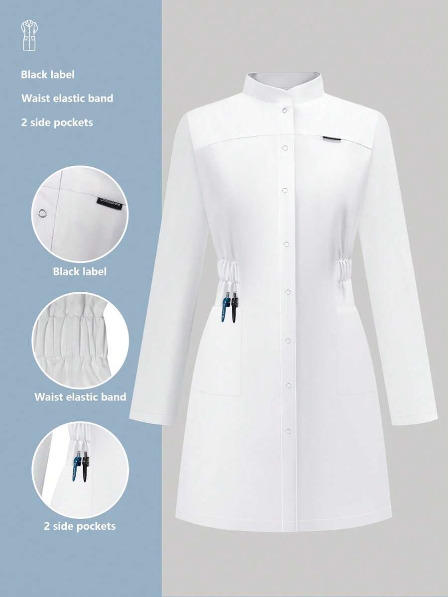 cimmuovere 女士长袖开襟圆领弹力腰身修身护士服工作服牙医保健宠物医院实验室工作服白色春季款 - 白色 - 查看 1