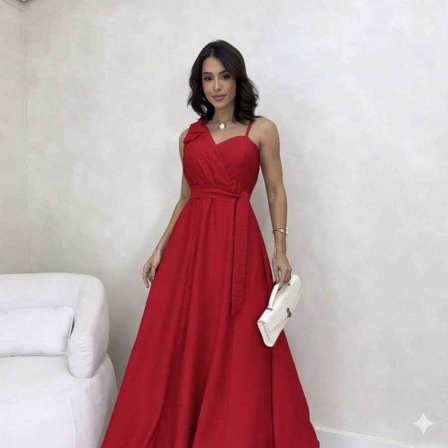 Women's Long Dress With Straps, Elegant Bow, Chic Party, Wedding, Graduation, Evangelical Fashion, Bojo - 紅色 - 查看 1