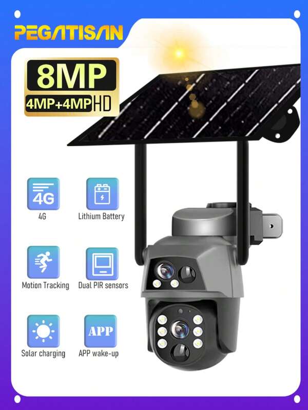 New 8MP Solar Powered 4G Surveillance Camera IP65 Outdoor Waterproof With Dual PIR Human Motion Detection Support Mobile Remote Monitoring 4 Installation Methods (Wall/Ceiling/Corner/Pole) Suitable For Indoor And Outdoor Environments In Orchards, Rural Warehouses