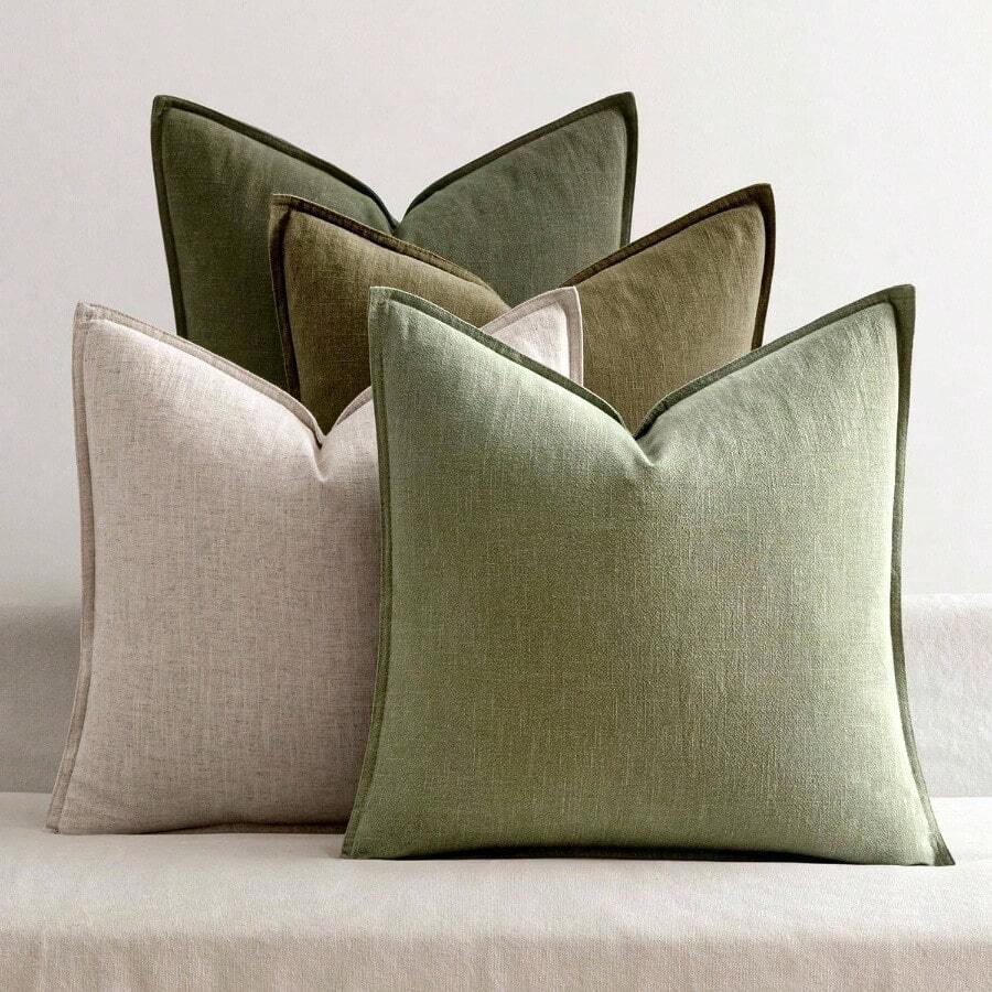 Neutral Linen Pillow Covers Pack Of 4 Decorative Natural Solid Throw Pillow Covers Soft Accent Boho Farmhouse Couch Pillowcases Modern Home Decors Living Room Bed Sofa 18x18 Inch - 18 英吋 x 18 英吋(4 件裝)+ 綠色和白色 - 查看 1