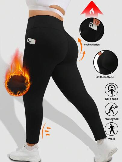 1 pieza Pantalón de yoga con forro térmico y bolsillos laterales, talla grande, adecuado para deportes al aire yoga, otoño/invierno