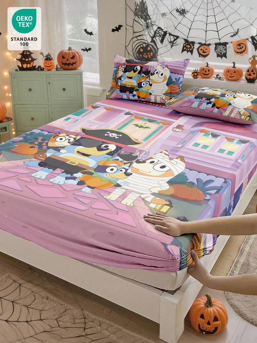 Bluey万圣节数码印花床单，Bluey床上用品，床垫保护套，床罩，床笠，秋季装饰，舒适家纺，透气防起球床垫保护套，柔软亲肤卡通图案床罩，装饰性