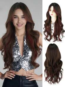 1pc Synthetic Heat-Resistant Long Curly Wig, U-Part Lace Front Wig, Dyed Wig, 32 Inch Women's Middle Part, Thermally Resistant Natural Hair Texture, Suitable For Party Or Halloween Costume, All Red And Black Wig - Multicolor - View 14