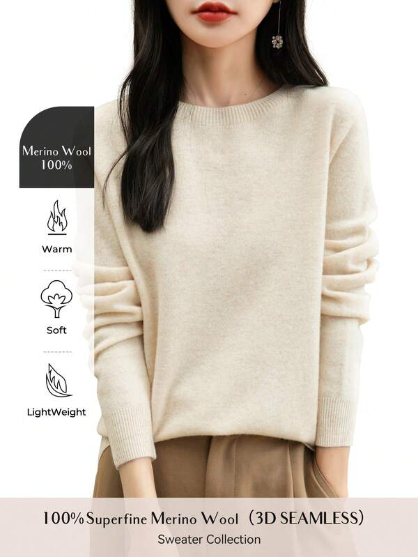 Women's 100% Merino Wool Sweater Autumn Winter Long Sleeve Women's Crewneck Sweater Warm Soft Knitted Pullover Top