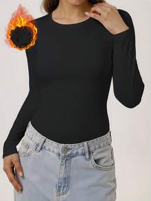 Women's Long Sleeve Base Layer Thermal Lined Solid Color Thermal Underwear Top, Super Soft For Outdoor, Casual, Home Wear, Suitable For Cold Weather, Fall / Winter - Black - View 12