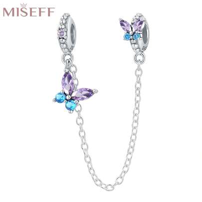 1 pezzo Catena di in argento sterling 925 con farfalla viola-blu e fermo in silicone per braccialetti con charm originali, accessori per la creazione di gioielli, regalo di compleanno per donna