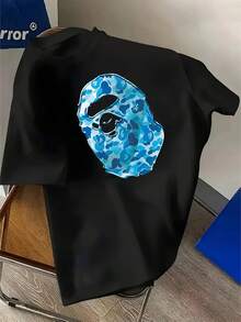 Men's T Shirt Versatile Fit, Men's Breathable Cotton T-Shirt, Men'S Graphic T-Shirt - Black With Blue Mask Print - Lightweight Summer Tee For Everyday & Themed Events - Breathable Round Neck Shirt - Casual Streetwear Essential, Event Apparel, Bold Print Top, Comfortable Fit, Street Style,  Design, Soft Material, Print Top, Young Adults 100% Cotton, 220g Fabric, Gift For Dad Christmass Gift - 黑色 - 查看 8