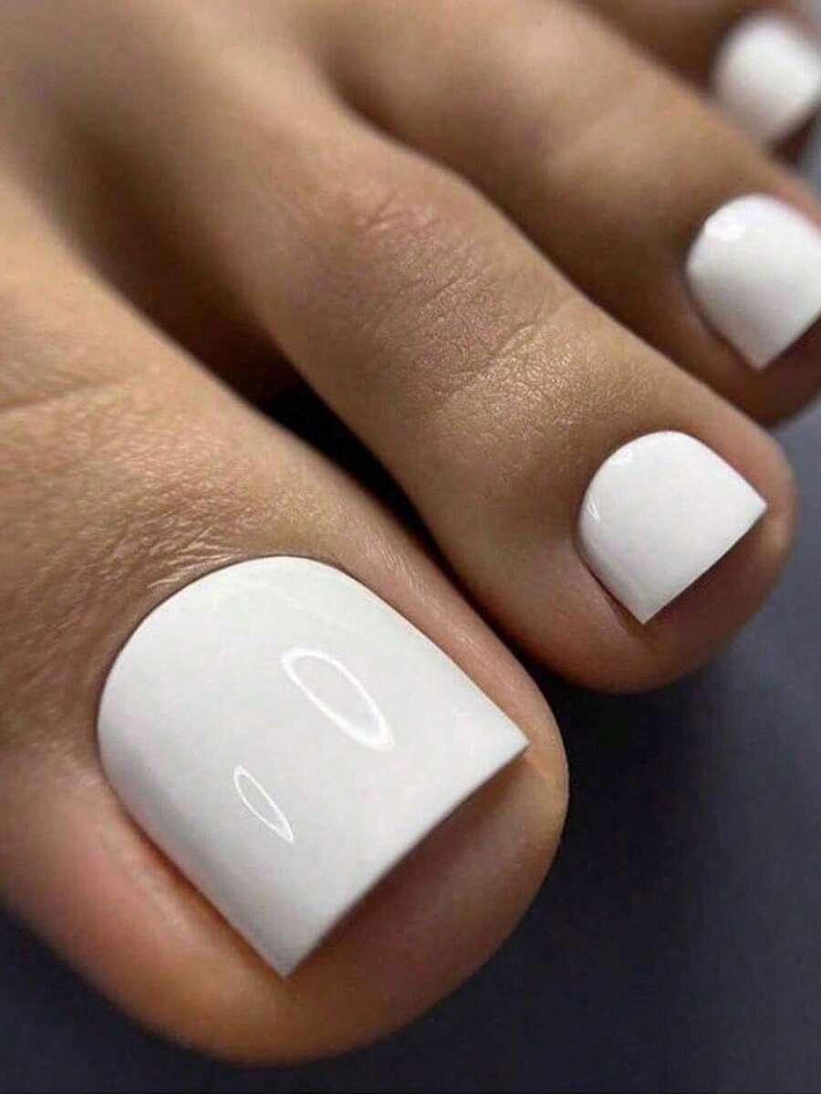 100 Pcs Glossy False Toe Nails 12-Sizes /Box White Press On Nails Full Cover Short Square Fake Toenails Artificial Acrylic Pedicure Tips For Women Girls Nail Supplies Nails - trắng - Xem 1