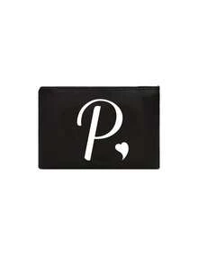 1pc Black Large-Capacity Cosmetic Bag, Printed With White Artistic Letters A-Z And A Heart Pattern,Hot-Selling Fashion Item Suitable For Travel, Toiletry, Multi-Functional Storage, Jewelry Storage, Coin Purse, Headphone Bag, Digital Storage Bag,Christmas Gifts,Pouch,Travel,Gifts For Women,Women's Necessaire,Travel Essential,Pouch,Clutch / Small Handbag,Necessaire,Makeup Organizer,Makeup Organize,Pouch,Brush Holder,Mini Pouch,Large Capacity Pouch