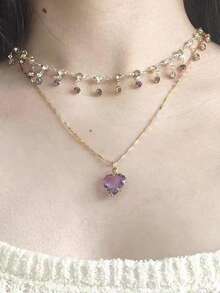 2 piezas/set Collar con colgante de circonita brillante de color púrpura con diseño de amor, estilo dulce y moderno Y2K para mujer, collar de cadena para la clavícula, joyería para fiestas y uso diario - Collar 1 - Ver 3