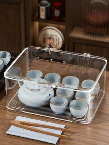 1pc Transparent Tea Set Storage Box, Covered With Dust-Proof And Insect Proof Acrylic Large Capacity Storage Box, Suitable For Home Kitchen And Living Room Storage Of Tea Bowls, Stackable Desktop Storage Box, Suitable For Home, Tea House, Beverage Shop, Christmas And Halloween, Home Storage Decoration Box