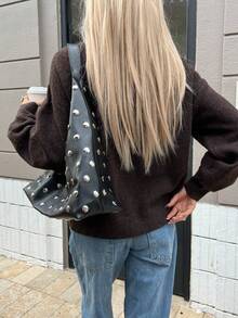 Brown Round Neck Long Sleeve Knitted Cardigan, Women's New Spring Fashion Item, Elegant Minimalist, Decorated With Metal Buttons, Casual Loose, Versatile & Comfortable, New Year New - Brown - View 4