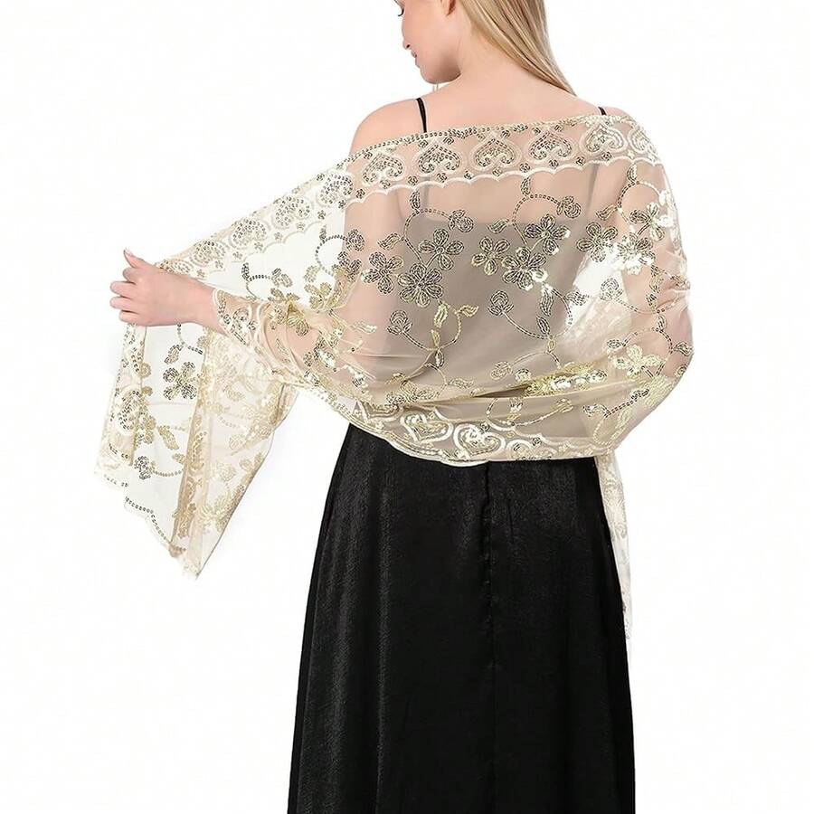 Shawls And Wraps For Evening Dresses,Women Formal 1920s Sequin Flower Sheer Shawls And Wraps For Wedding-{"Color_name":"Beige"} - 米色 - 查看 1