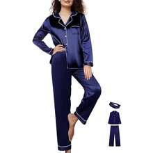 Womens 3Pcs Satin Pajamas Set Silk Pajama Sets XS-3XL Long Silky Pj Sets Nightwear Pjs Set Sleepwear Loungewear{"Color_name":"Navy","Size_name":"3X-Large"} - 多色23 - 查看 2