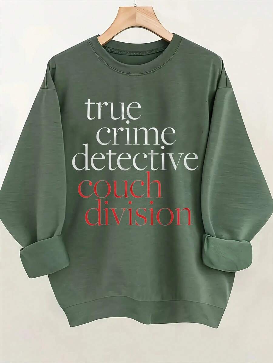 Women'S "True Crime Detective Couch Division" Graphic Sweatshirt - Beige Casual Pullover With Geometric Pattern, Regular Fit, All-Season Comfort, Cozy Clothing | Playful Design | Stretchy Fabric-Unisex Vintage Cotton Tee Black White - Loose Fit For American Music Festival Camping & Shows Everyday Wear Comfortable Crew Neck Sweatshirt For Everyday Wear - 軍綠色 - 查看 1
