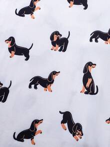 两件套动物香肠狗印花女式夏季睡衣派对套装，秋冬季长袖翻领上衣搭配松紧腰宽松长裤，四季皆宜的休闲女式睡衣家居服套装 - 白色 - 查看 3