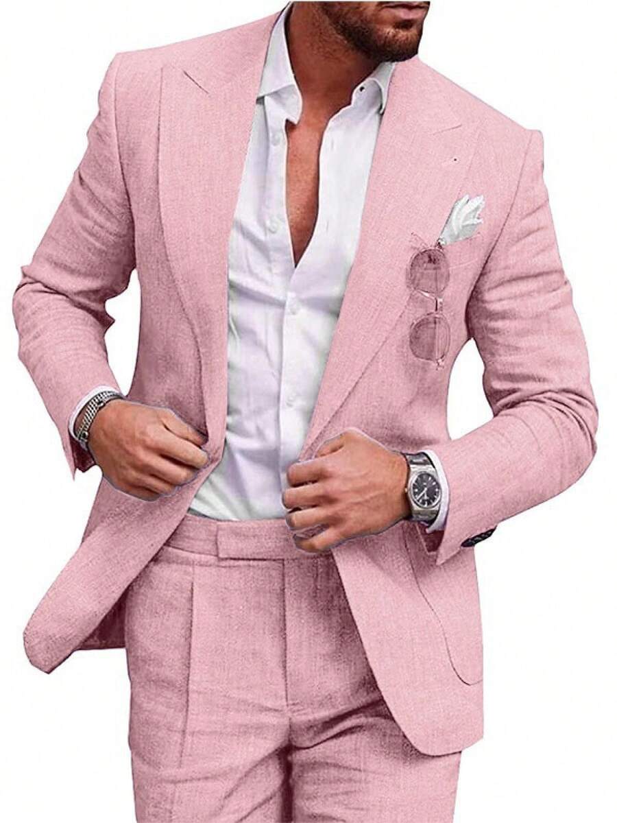 Costumes For Men New Men's Plus Size Two-Piece Suit Set Single-Button Linen Solid Color Suit - 淺粉 - 查看 1