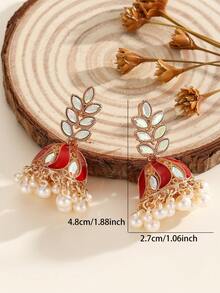 1 Pair Bohemian Style Elegant Crystal Studded Leaf Shaped Earrings With Faux Pearl, Tassel Decor Earrings, Suitable For Women & Girls Everyday, Festivals, Weddings And Parties/Jewelry Gift