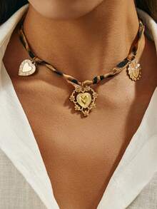 1 pieza Collar con colgante de corazón asimétrico con estampado de leopardo vintage, cadena sexy para la clavícula, joyería para mujer de uso diario, regalo para amigos