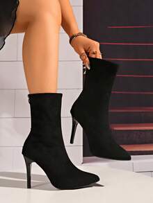 女士时尚尖头踝靴，黑色仿麂皮拉链后高跟，舒适温暖内衬，时尚性感优雅靴子，秋冬 - 黑色 - 查看 2