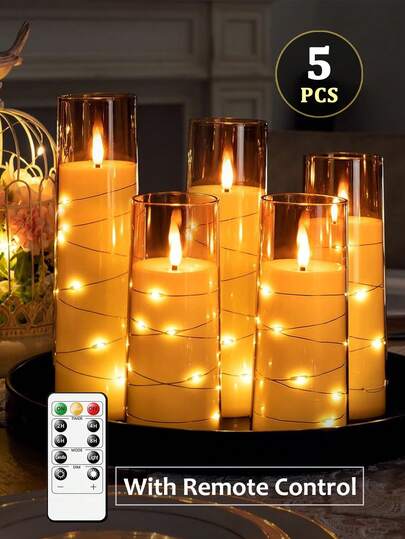 5pcs Flickering Flameless Candles With Star String Lights, Battery Operated Candles, Embedded LED Fairy Lights Candles With Timer/Remote Control, Unbreakable Acrylic Candles, Smokeless Candles For Tabletop Centerpiece Decor, Suitable For Christmas, Halloween, Valentine's Day, Wedding, Party, Dining Table, Holiday Atmosphere Decoration