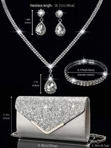 Women's Rhinestone Jewelry Sparkling Luxury Rhinestone Jewelry Set Sparkling Necklace Earrings Bracelet Set Silver Sparkling Glitter V-Shaped Metal Flip Envelope Bag Fashion Banquet Bag Handbag Wallet Handbag Elegant Handbag Banquet Bag Handbag Women's Ball Handbag Women's Bridal Banquet Bag Ball Handbag Metal Chain Handbag Wedding Party Handbag Cocktail Party Wedding New Wallet Banquet Bag