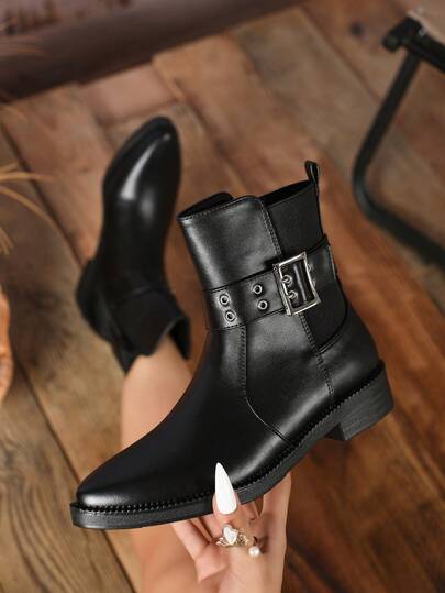 Botas de tobillo para mujer para exteriores, botas casuales negras básicas de moda, cómodas y apropiadas para el transporte, con suela gruesa antideslizante, cremallera lateral y decoración metálica, adecuadas para Navidad y Año Nuevo, llenas de ambiente otoñal/invernal, hebilla festiva