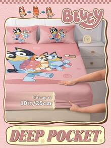 1pc Bluey Cartoon Digital Print Fitted Sheet, Bluey Bedding, Mattress Protector, Bed Cover, Fitted Sheet, Comfortable Home Textile, Warm-Toned Fitted Sheet, Bluey And Rainbow Pattern, Breathable Anti-Pilling Mattress Protector, Soft And Skin-Friendly, Cartoon Pattern Bed Cover, Bluey Home Decor - Pink - View 4