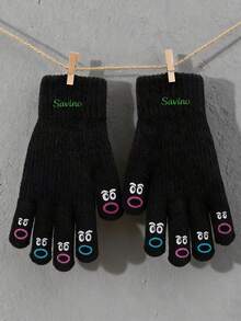 1 Pair Customizable Name Touchscreen Gloves, Women's Gift, Christmas Gift Idea, Finger Gloves, Winter Gloves Compatible With Smartphones, Embroidered Winter Gloves - Yellow - View 3