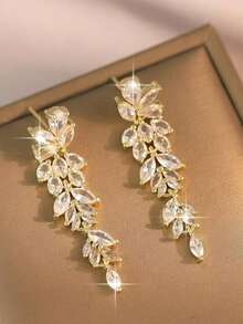 1pair Elegant Leaf Flower CZ Women Long Wedding Earrings With AAA Cubic Zirconia Dangle Earrings Jewelry - Gold - 查看 5