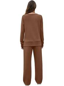 OFEEFAN Women's 2 Piece Lounge Set Travel Airport Outfits Side Slit Tracksuit Wide Leg Loungewear Baggy Comfy Sweatsuit S-3XL - màu nâu - Xem 4