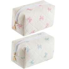 Makeup Bag Travel Cosmetic Bag For Women Girls, Zipper Make Up Pouch, Floral Flowers Toiletry Organizer Makeup, Portable Storage Cosmetic Travel Cloth Bag (Pink Bow Tie+Blue Bow Tie){"Color_name":"TwoPack:(PinkBowTie+BlueBowTie)"} - 兩件裝:(粉紅領結+藍色領結) - 查看 2