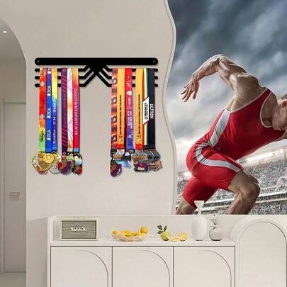 1 pieza Soporte de exhibición de medallas de metal decorativo - Ganchos montados en la pared para medallas y cintas - Obras de arte decorativas para el hogar, la oficina y uso al aire libre - Regalos únicos para atletas