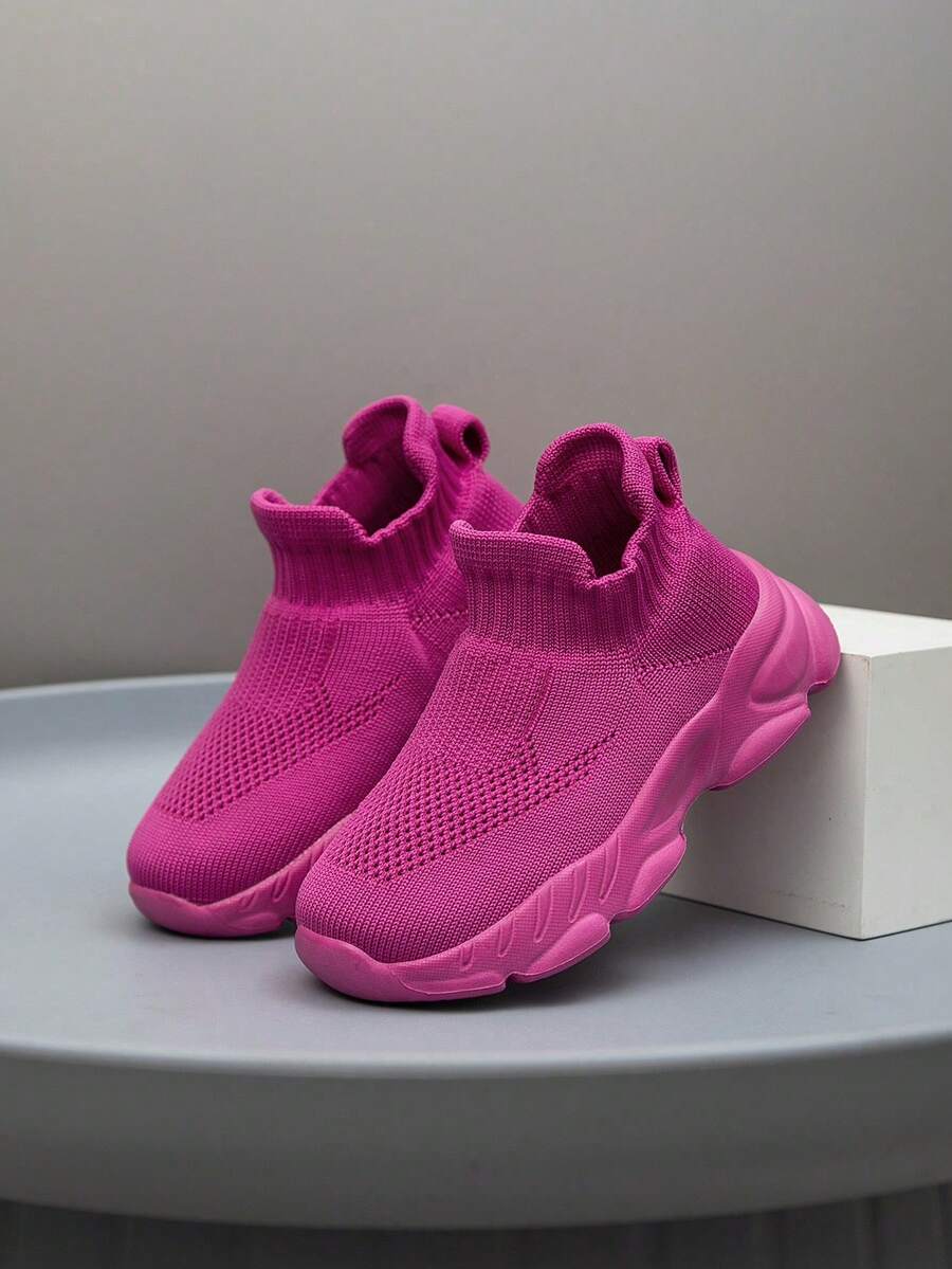 1 Pair Kids' Sneakers, Breathable Elastic Soft Shock-Absorbing Quick-Drying Lightweight Waterproof Combination Of Fabric And Leather Upper, Casual Street Style Suitable For Running, Walking, School, Knitted - Red Violet - View 1