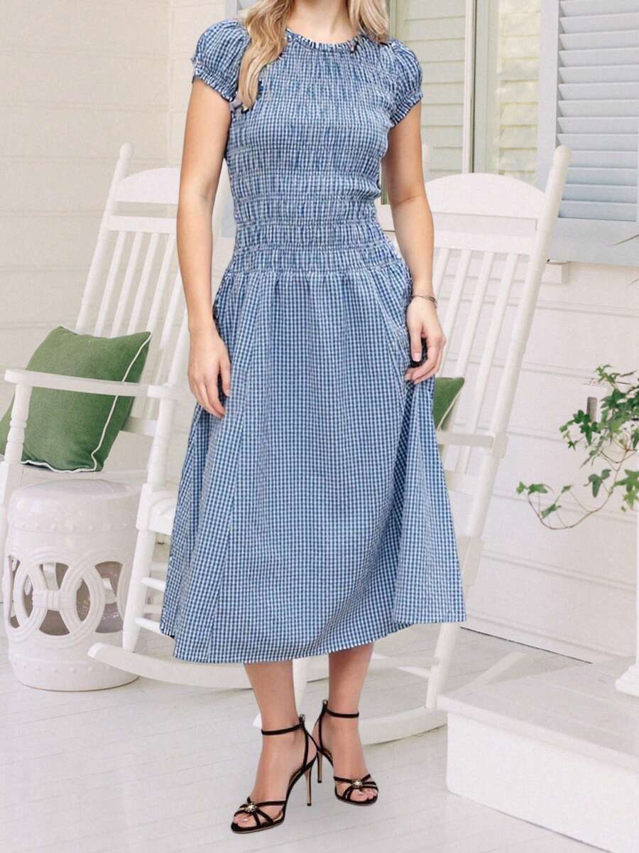 Women's Gingham Print Long Dress Short Sleeve Crew Neck Smocked Dress Spring  Midi Dress - 天藍色 - 查看 1