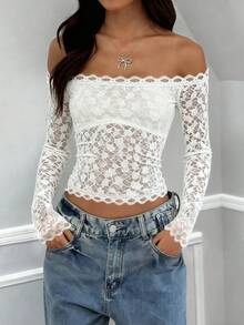 A High-Quality One-Shoulder Top With Lace Patterns, Suitable For Back-To-School Parties, Dates And Ladies' Christmas Outfits In Autumn/Winter - White - View 1