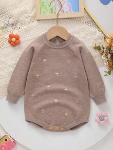 Baby Girls' Knitted Crew Neck Tulip Embroidery Sweater, Sweet Winter Outerwear - Coffee Brown - View 2