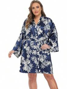 iFigure Batas cortas de satén para mujer, talla, batas de - floral azul marino - Ver 5