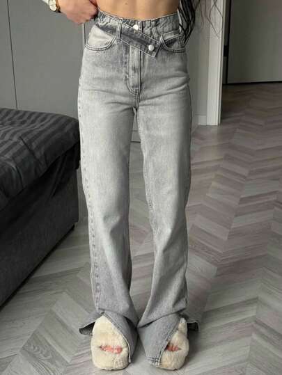 Women's Vintage Washed Gray Spilt Straight Flared Jeans Vacation Y2K