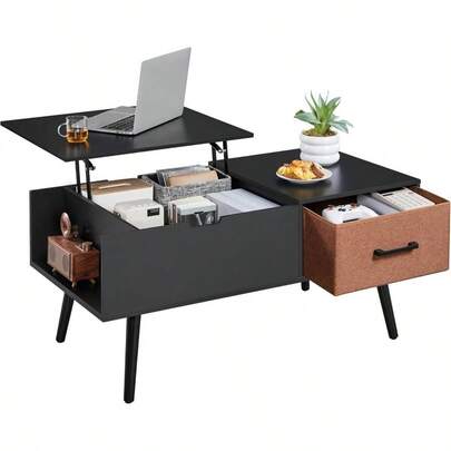 Lift Top Coffee Table Wodden Lift Storage Coffee Table With Hidden Compartment, Foldable Fabric Drawer 2 Open Storage Shelves Living Room, Black, 100x