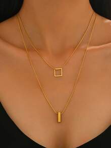 1pc Double Layer Pendant Necklace With Square And Cylindrical Pendants, Simple Design Exudes Elegance And Sophistication, Adds Graceful Lines To The Neck - Double-layer Pendant - View 2