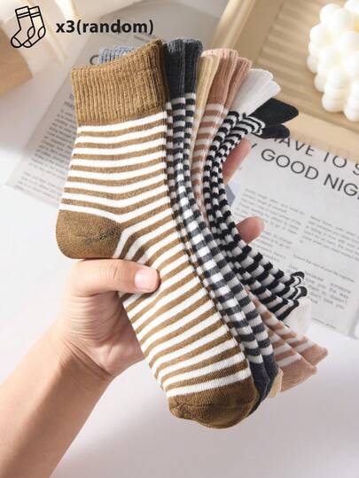 3 pares de calcetines a media pierna a rayas de colores aleatorios, calcetines largos, calcetines de tubo medio cálidos y sencillos para mujer, adecuados para uso casual en todas las estaciones