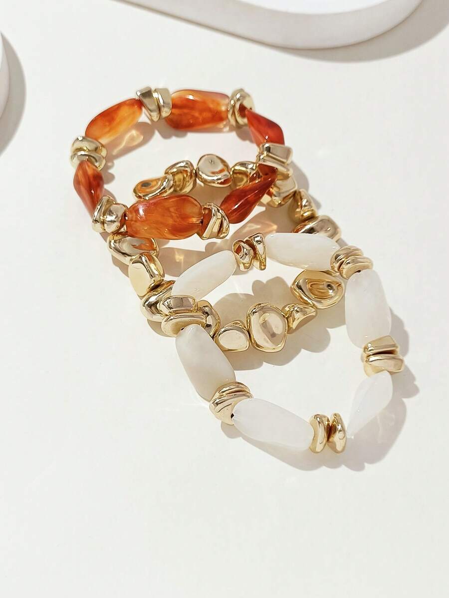 LADYCOCO 3pcs Vintage Thick Chunky Acrylic Beaded Multilayer Bracelet, Transformable Gold Chip Bracelet, Suitable For Women, Couples, Party, Daily Wear - Multicolor 21 - View 1