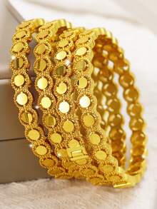 1pc Stacked 24K Gold Plated Heart & Four Leaf Clover Openable Bracelet, Popular Dubai & Europe Style, For Summer Wedding Season